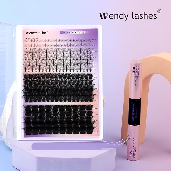 DIY Lash Extension Kit 100D/200D Lash Clusters With Bottom Lashes 12-18mm Multi-types Individual Lashes Bond and Seal, Spike, Volume Lashes Kit Lash Applicator(100/200 Kit)