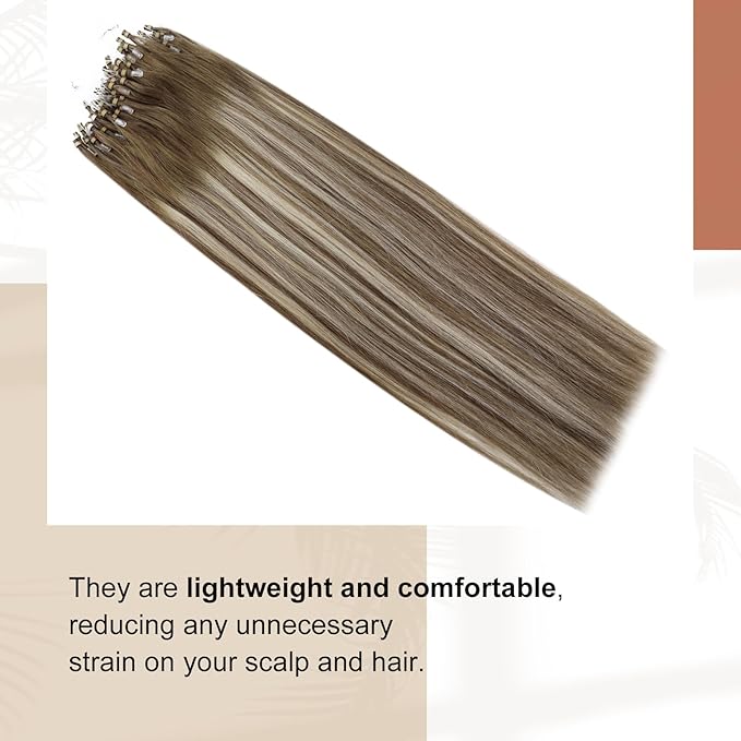 Full Shine Microloop Human Hair Extensions Brown and Blonde Soft Natural Hair 18 Inch Cold Fusion Micro Link Hair Extensions Human Hair 50 Grams add Volume