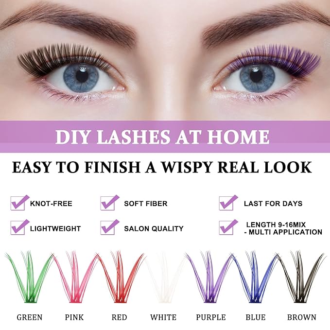 B&Q Lash Clusters Colored DIY Eyelash Extensions 280 Clusters Lashes 40D-D-16mm 7 Color Mix Volume Eyelash Clusters Wispy Individual Cluster DIY at Home(7MIX,40D-D-16mm)