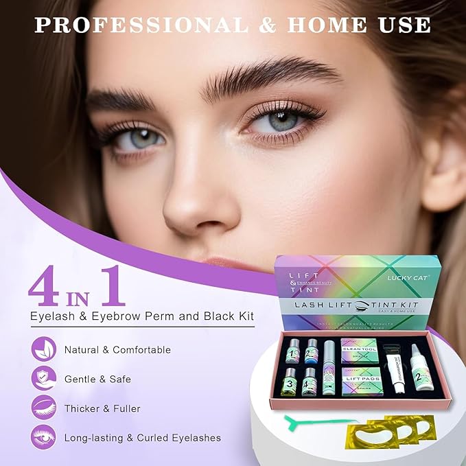 Lash Lift and Black Kit, Professional Brow Lamination and Black Kit, 4 In 1 Eyelash & Eyebrow Perm Kit, Quick Lifting & Voluminous Coloring, Easy to Use at Home Diy & Salon