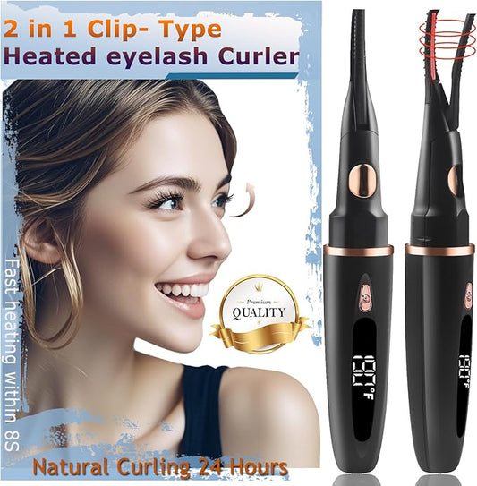 Heated Eyelash Curlers - 2 in 1 Clip- Type Heated lash Curler Best Seller Electric Eyelash Curler LED Display 3 Temp Settings for Makeup Tools USB Rechargeable Natural Curling 24H Long Lasting 6A