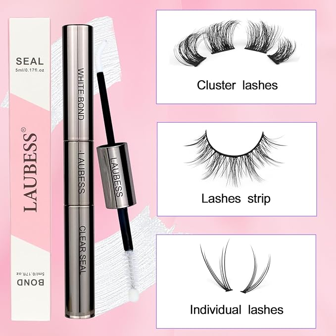 Lash Bond and Seal Lash Glue Waterproof LAUBESS 2-in-1 Cluster Lash Glue for Eyelash Clusters 72H 10ml (White/Clear)
