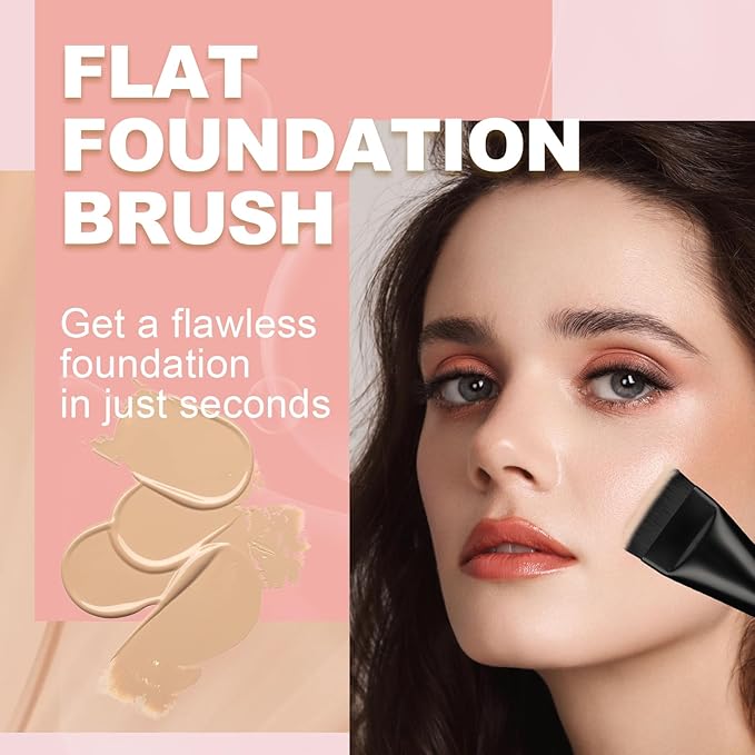 Flat Foundation Brush for Liquid Makeup with Powder Puff Fast Flawless Flat Top Kabuki Makeup Brushes Face Cosmetics Concealer Brush for Liquid, Blending, Powder, Cream, Blush, Buffing Black