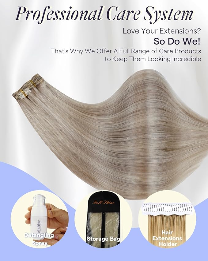 Full Shine Ash Blonde Clip in Hair Extensions Human Hair Thick Ash Blonde Highlighted Clip in Extensions for DIY 22 Inch 150 G 7 Pcs