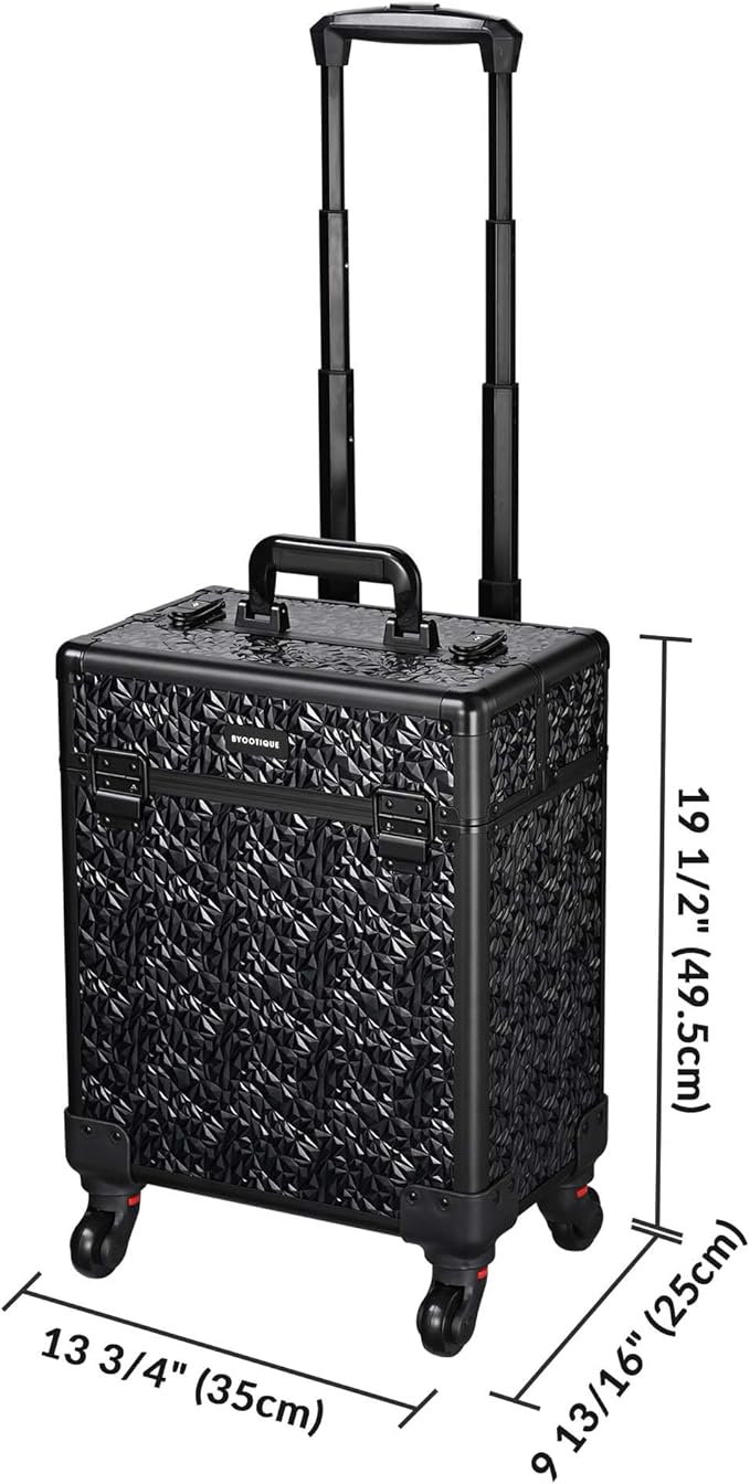 BYOOTIQUE Rolling Makeup Train Case on Wheels Large Cosmetic Travel Organizer Eyelash Storage Box for Nail Tech Beauty Salon Manicurist Barbershop,Mermaid Black