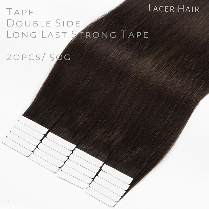Lacer 18 Inch Human Hair Extensions Tape in Natural Black PU Skin Weft Real Virgin Human Hair Tape in Extensions Darkest Brown Double Side 50g 20pcs/set