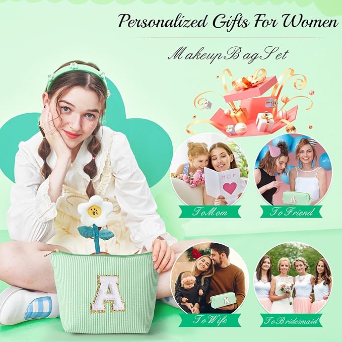 YOOLIFE Initial Makeup Bag for Women Girls - Skin Care for Teens 10-12 | Make Up Bag | Gifts for Women | Graduation Gifts | Mothers Day Gifts | Tween Girls Trendy Stuff Daughter Friend Gifts M, Green