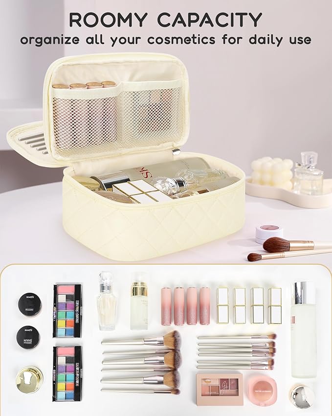 Relavel Travel Makeup Bag, Small Cosmetic Bag with Makeup Brush Compartment, Double Layer Makeup Organizer Bag, Portable Toiletry Bag Makeup Pouch for Women, White