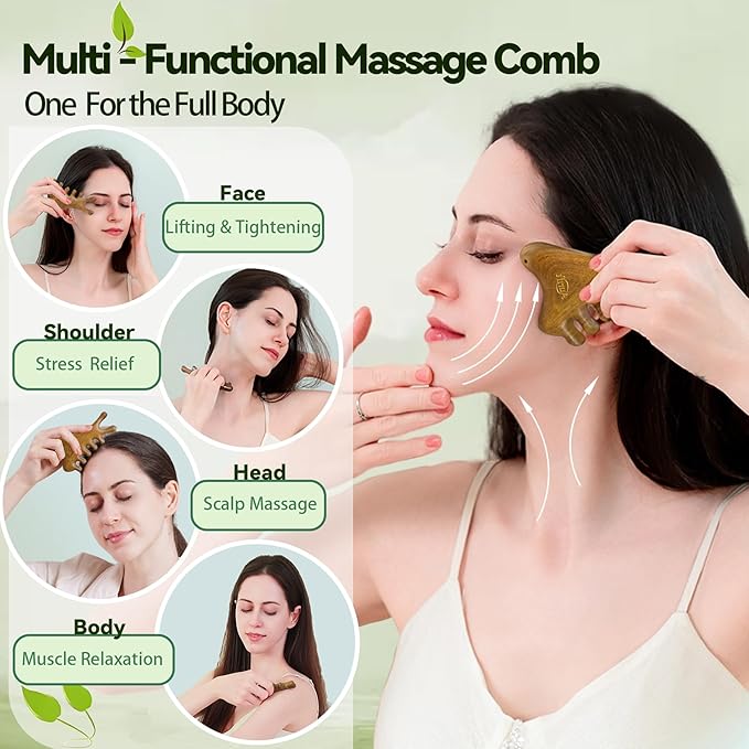 Gua Sha Tool for Face & Body, Christmas Gifts for Adults Mon, 4 in 1 Sandalwood Guasha, Lymphatic Drainage,Jaw Lifting & Nose Sculpting, Head Massage Comb for Stress Relief,Home Office Self Care