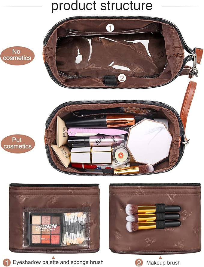 Relavel Travel Makeup Bag, Cosmetic Bag Makeup Organizer Bag Zipper Pouch for Purse Large Capacity Toiletry Bag Portable Waterproof Travel Accessories Skincare Make Up Bag (Brown), 1-Small