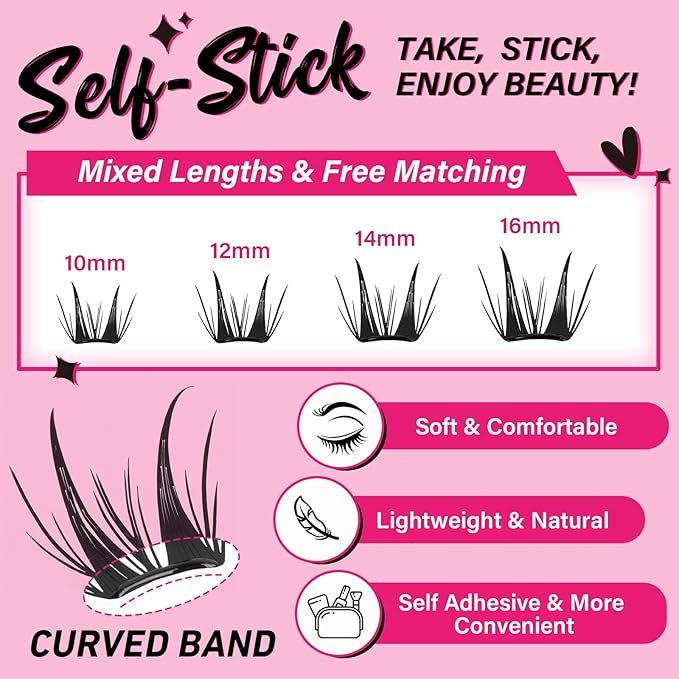PRO Self Adhesive False Eyelashes,Lash Clusters No Glue Needed Pre Glued No Remover,1 applicator,Easy to Apply, Curved-Thin Band Reusable Cluster Lashes(Sunflower-D-10-16mix)