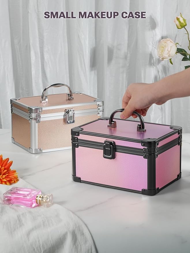 Qislee Makeup Box Mini with A Detachable Lighted Mirror, Waterproof Small Makeup Case,Cosmetic Organizer and Travel Train Case with Magnetic LED Mirror(Black Frame Iridescent Pink)