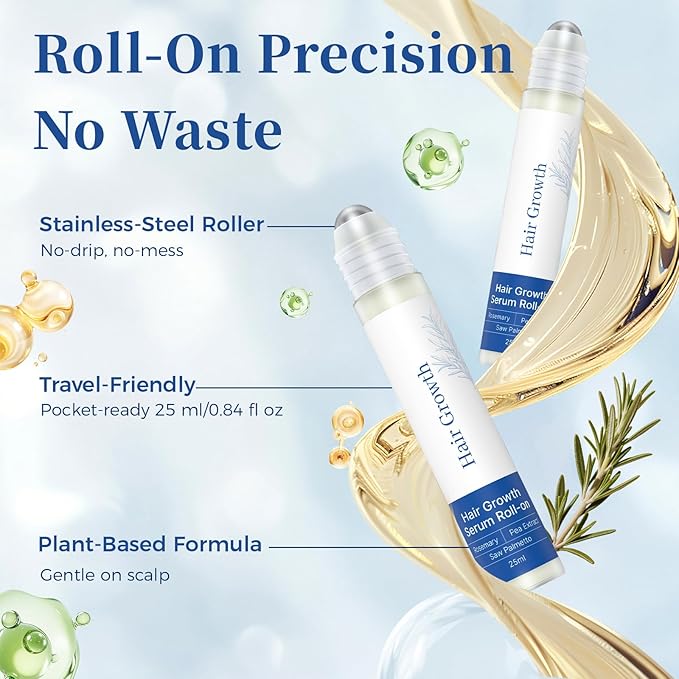 Hair Growth Serum Roll On 25ml with Saw Palmetto, Rosemary & Pea Extract，Helps Support Thicker, Fuller Hair Appearance，Clean, Non-Greasy Hair Loss Support for Men & Women Pack of 3