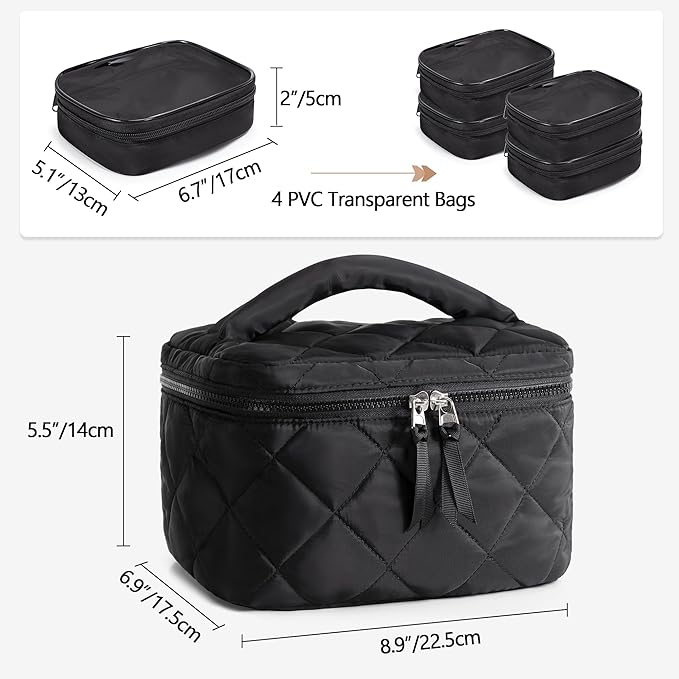 Travel Makeup Bag with 4 Clear Cases, Large Quilted Cosmetic Organizer for Women, Puffy Storage Bag for Cosmetics, Photos or Pill Bottles, Black (Empty Bag)