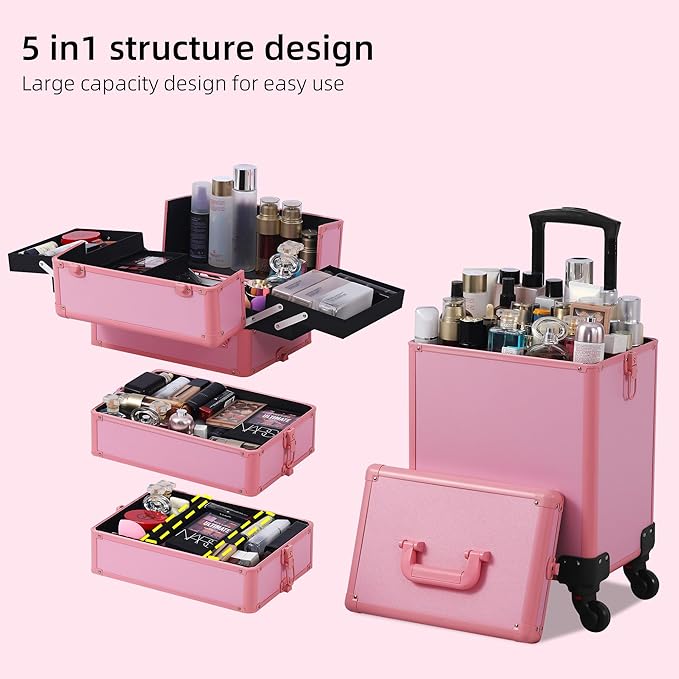 Makeup Train Case, Rolling Makeup Case with Lid, 5 in 1 Cosmetology Case on Wheels, Christmas Gift, Large Makeup Case Organizers, Profesional Cosmetic Case for Salon Barber, Pink
