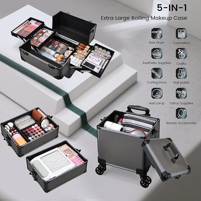 FRENESSA Rolling Makeup Train Case Cosmetology Case on Wheels 5 in 1 Makeup Case with Lid Rolling Large Make Up Organizer for Artist Barber Salon Nail Teach Kits Professional Cosmetic Box Grey
