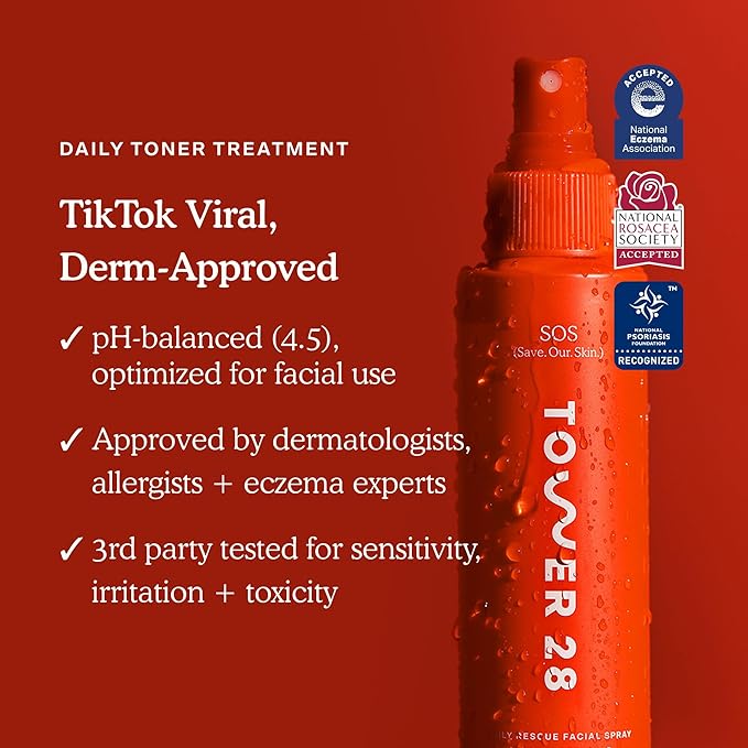 Tower 28 SOS Daily Rescue Facial Spray for Sensitive Skin, Hypochlorous Acid Spray Helps Reduce Redness and Breakouts, Full Size Toner for Face, 4 FL Oz