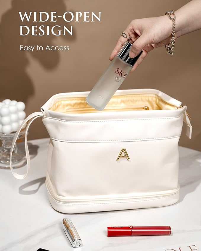 Monogrammed Gift for Women Girls, Initial Makeup Bag, Personalized Double Layer Cosmetic Bag with Makeup Brush Organizer, Large Capacity PU Leather Travel Toiletry Bag, Sister Gifts
