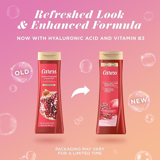 Caress Body Wash for Women, Tahitian Pomegranate & Coconut Milk, Exfoliating Shower Gel for Renewed, Glowing Skin, 20 fl oz, 4 Pack