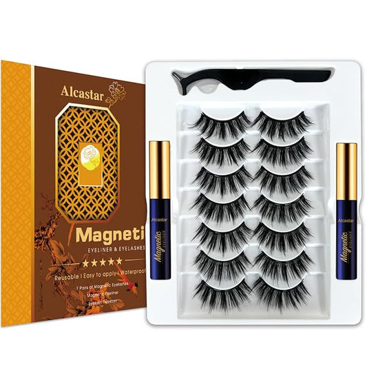 Alcastar Magnetic Eyelashes and Eyeliner Kit,Magnetic Lashes Natural Looking with Eyeliner,Eyelash With Applicator,Waterproof, Long Lasting,Cruelty Free (cat eye7-2-815)