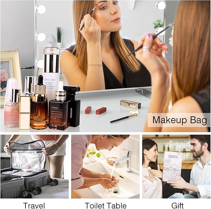 BOYATU Travel Makeup Bag Cosmetic Bags for Women: Large Capacity 3 Pcs Set Make up Bag with Compartments - Waterproof Vegan Leather Toiletry Organizer Bags with Handle (Z-Brown)