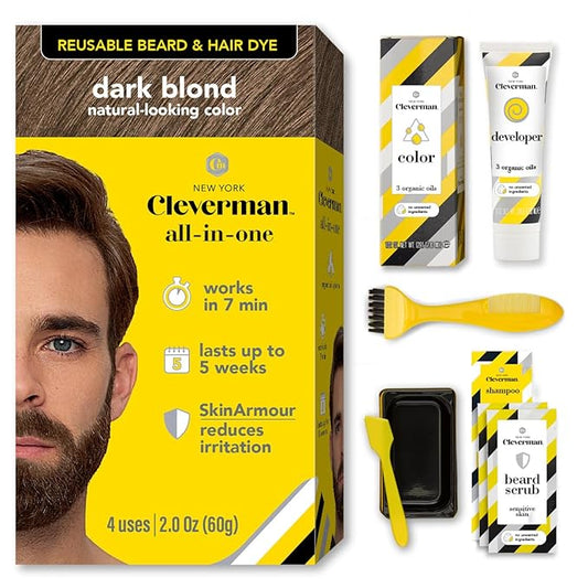 Cleverman Hair & Beard Dye Kit for Men, All-in-One Reusable Mens Hair Color, Natural Gray Coverage, Ammonia-Free Beard Mustache Dye for Men (Dark Blonde)