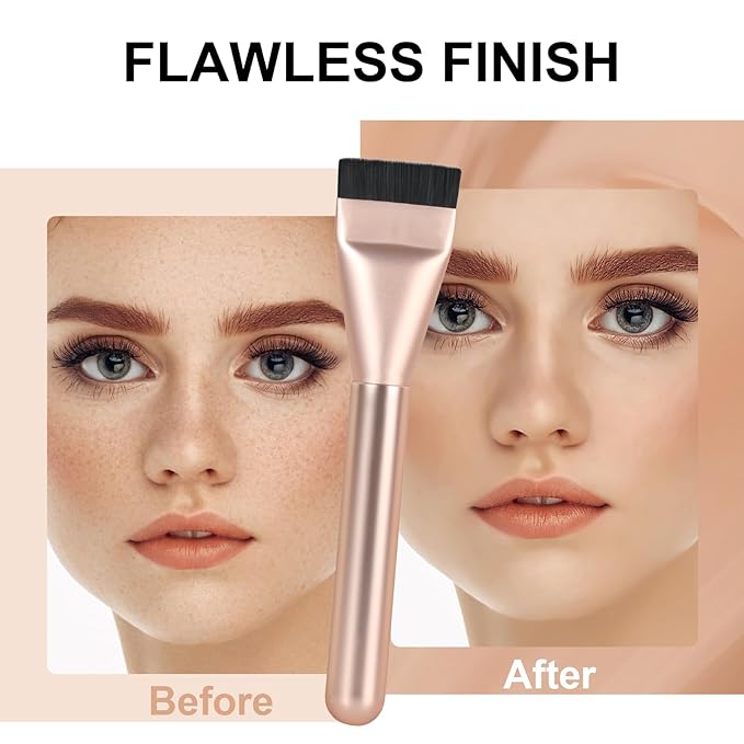 Flat Foundation Brush for Liquid Makeup,14CM Premium Fast Flawless Flat Top Kabuki Makeup Brushes Face Cosmetics Concealer Brush for Liquid, Blending, Powder, Cream, Powder, Blush, Buffing Rose Gold
