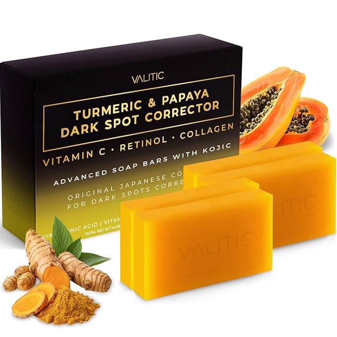 VALITIC Papaya and Turmeric Kojic Acid Soap Bar - Dark Spot Corrector Skin Care Cleansing Bar - Infused with Vitamin C, Hyaluronic Acid, Collagen, Retinol, Olive Oil - 4 Pack