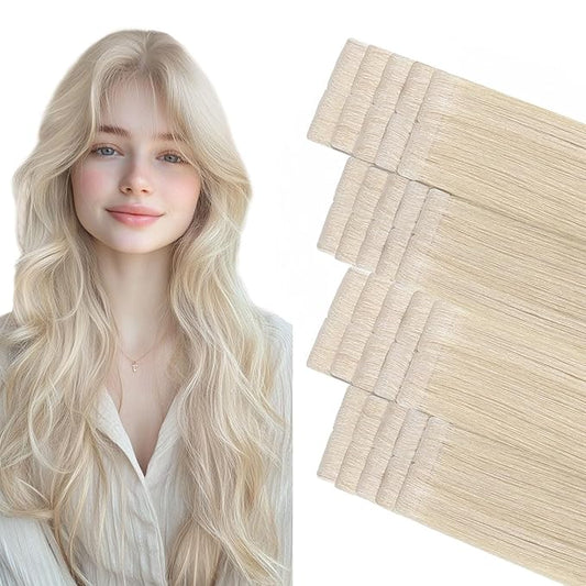 COOKAYU Invisible Tape in Hair Extensions, Platinum Blonde 35g 20pcs 16Inch Seamless Human Hair Extensions Straight Invisi Edge Tape ins