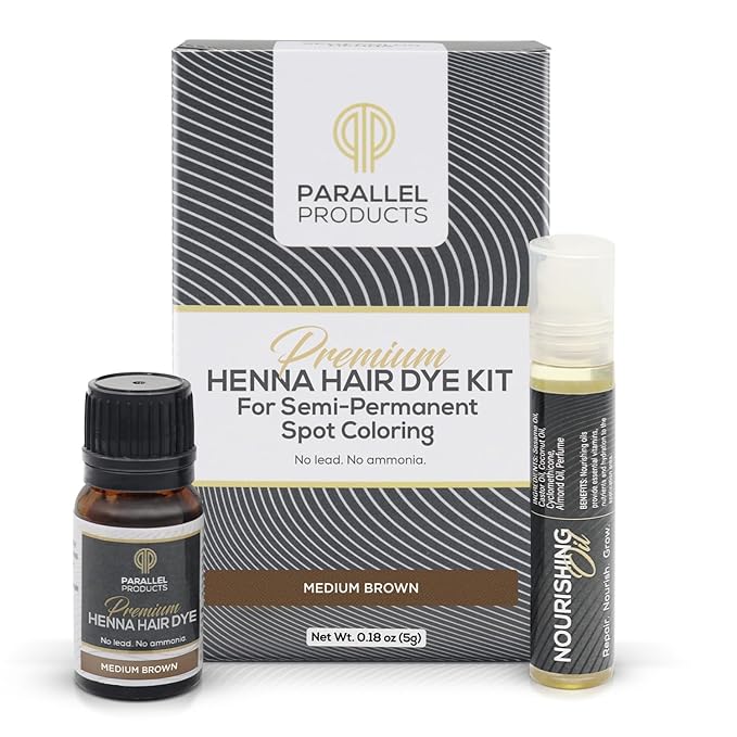 Parallel Products Spot Color Henna Kit - Henna Hair Dye - 5 grams - Tint for Professional Spot Coloring - With Nourishing Oil, Mixing Dish and Application Brush - Root Touch Up (Medium Brown)