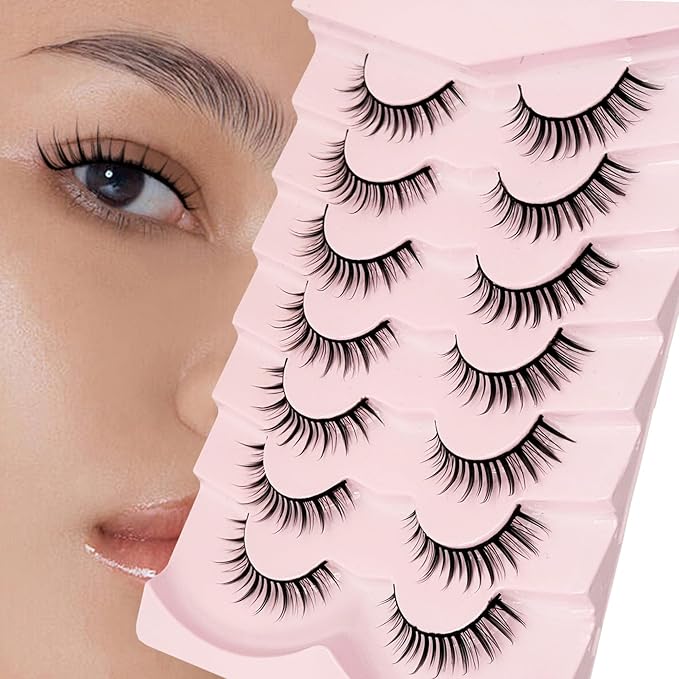 Natural Lashes Manga Lashes Cat Eye Lashes False Eyelashes Natural Look, Yasnai Wispy EyeLashes Short 10mm Wet Look Fake Lashes Volume Lashes, Strips Lashes Eyelashes 7 Pairs Pack