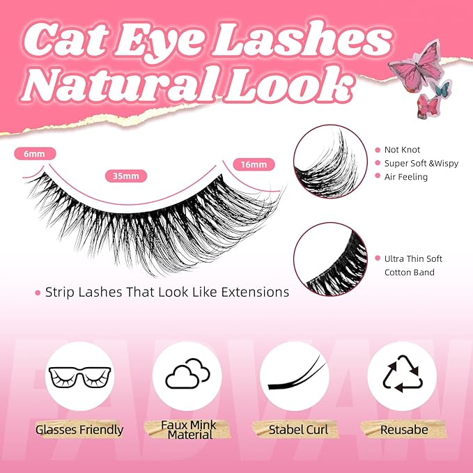 Natural Cat Eye Lashes Wispy False Eyelashes Thin Cotton Band Soft Mink Lashes Natural Eye Lashes Kit with Clear Glue Pack 10 Pairs by FADVAN-By003