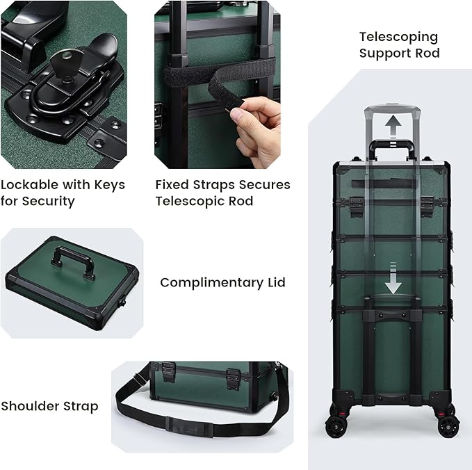 FRENESSA Rolling Makeup Train Case Cosmetology Case on Wheels 5 in 1 Makeup Case with Lid Rolling Large Make Up Organizer for Artist Barber Salon Nail Teach Kits Professional Cosmetic Box Dark Green