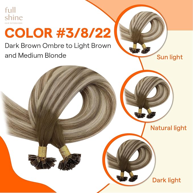 Full Shine Ktip Human Hair Extensions 22 Inch Long Straight Hair Extensions Medium Brown Ombre Ash Brown and Honey Blonde 50 Grams Keratin Tip Extensions Remy Hair add Length