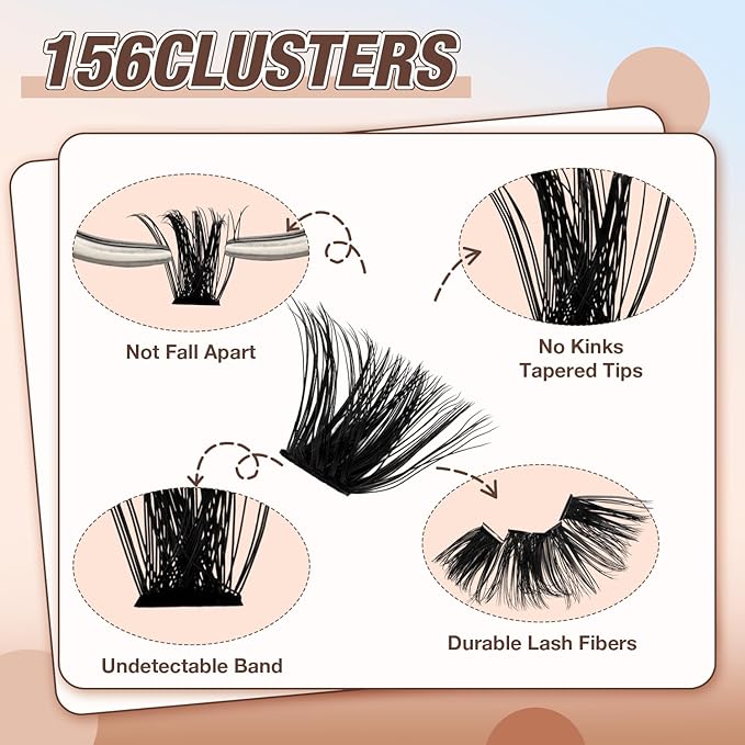 Lash Clusters Kit, DIY Cluster Eyelash Extensions 10‑20mm, 150D, 156pcs Fluffy D Curl Natural Lashes with Bond & Seal,Remover,Tweezers – Fake Cat Eye Individual Clusters