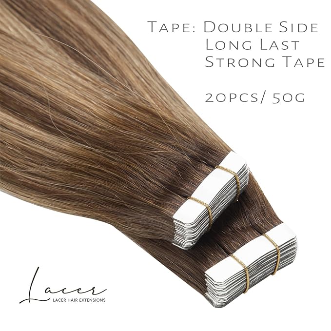 Lacer Seamless Tape in Hair Extensions Human Hair 18 Inch Chocolate Brown to Dark Caramel Blonde Balayage Invisible Hair Extensions Tape ins Soft 20pcs 50g