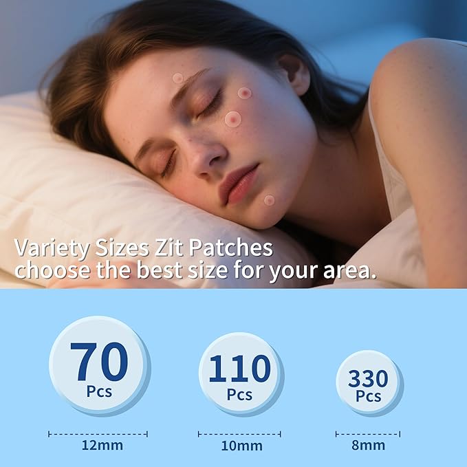Pimple Patches for Face, 3 Size 510 Counts Acne Patches with Hydrocolloid and Tea Tree Oil, Salicylic Acid Cica Extract Healing Stickers Zit Patches (8mm/10mm/12mm)