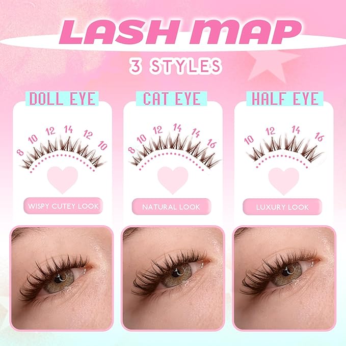 Lash Clusters Brown Manga Lash Clusters Spiky Doll Individual Lashes 120Pcs D Curl 8-16MM Doe Eyed Cluster Eyelash Extensions with Clear Band for DIY at Home (Narcissus-Brown)