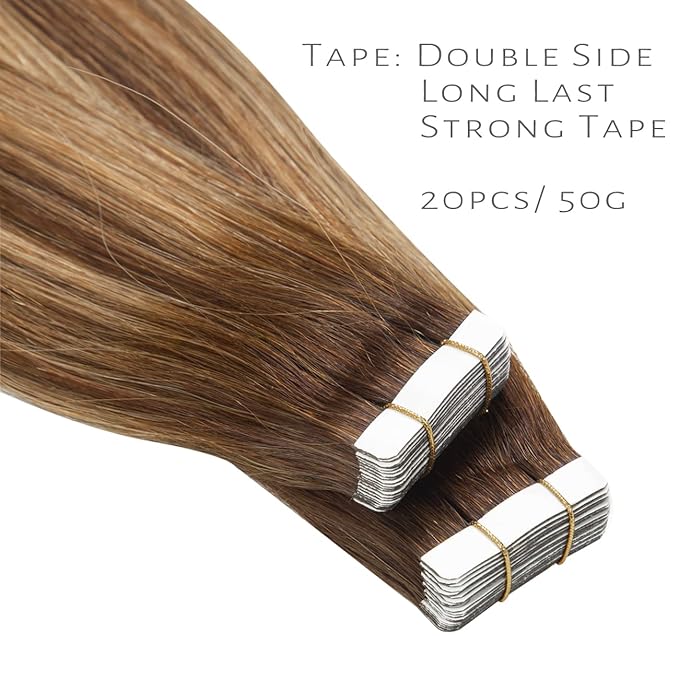 Lacer Tape in Hair Extensions Human Hair Straight Chocolate Brown to Strawberry Blonde Highlights with Chocolate Brown Roots Hair Extensions Tape in R#4-4/27 20 Inches