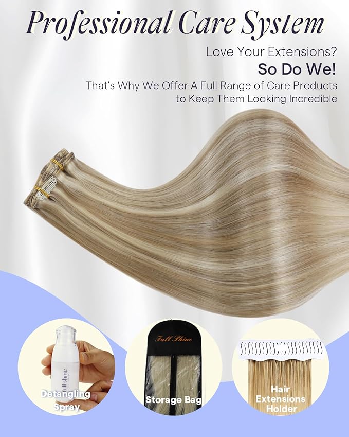 Full Shine Human Hair Extensions Clip ins Blonde Human Hair Clip in Extensions Blonde Highlight Hair Extensions 7 Pcs Straight Hair 22 Inch 150 G