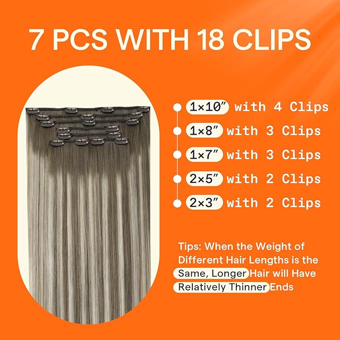 Full Shine Balayage Clip in Hair Extensions Remy Human Hair Ash Brown Ombre Blonde Clip in Extensions 7/800/7 14 Inch Medium Length Hair Extensions 7 Pcs 120 G