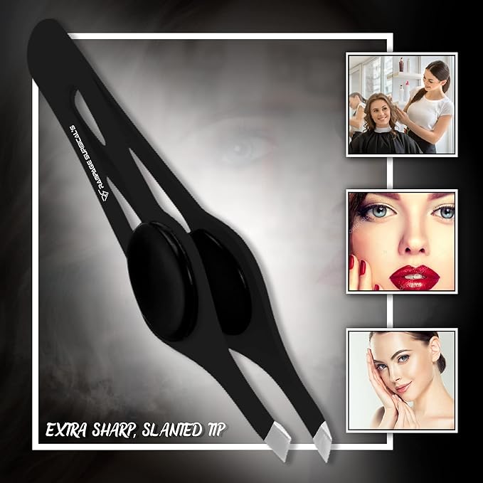 Professional Eyebrow Tweezers Slanted Tip Stainless Steel 2,3xPcs Set, Non-Slip Grip Slant Tip Tweezers for Facial Hair, Plucking Removing Ingrown Hairs, Tweezer for Women Men (Black&Pink)