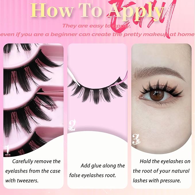 Ahrikiss Lashes Spiky Manga Lashes Anime False Eyelashes 8 Pairs Faux Mink Lashes Kit with Lash Glue and Lash Tweezers Cosplay Thick Fake Eyelashes Soft Wispy Strip Lashes (Doll Kit)