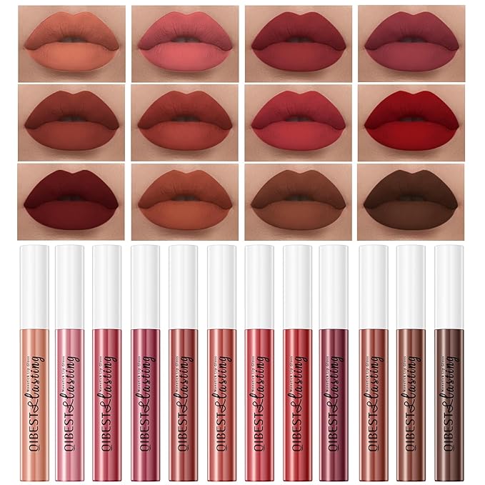 Matte Liquid Lipstick Set - 12 Pcs Long Lasting & Waterproof Lipstick Kit, Non Transfer Lip Stain with Nude, Dark Red | Full Coverage Lip Gloss Makeup Set for Women