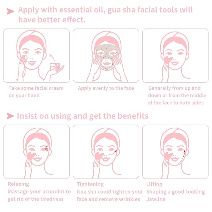 Gua Sha Facial Tools, Natural Rose Quartz Guasha Tool for Face, Double Chin & Jawline, Gua Sha Stone Self-Skin Care Face Stone Gua Sha Tools for Women, Pink