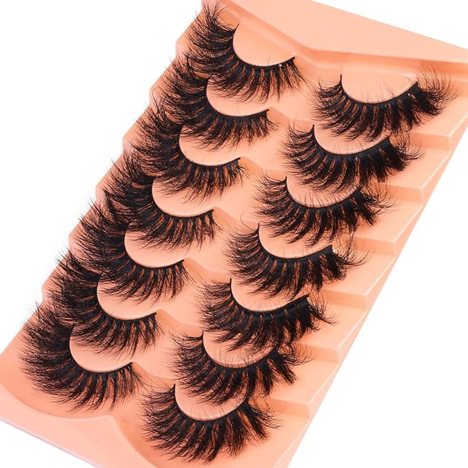 Mink Lashes Fluffy False Eyelashes 20mm 3D Volume Cat Eye Lashes Faux Mink Eyelash Wispy Fake Eyelashes Long Thick Strips Lash Pack, 7 Pairs