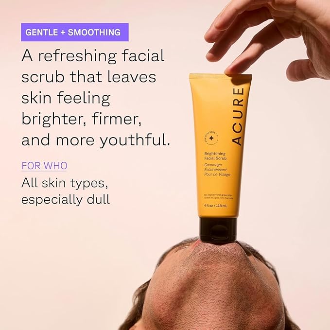 Acure Brightening Facial Scrub - Exfoliating Face Wash, Gentle Daily Scrubber & Exfoliator for Women & Men for Radiant Skin, Cleansing Wash with Sea Kelp & French Green Clay - 4 fl oz