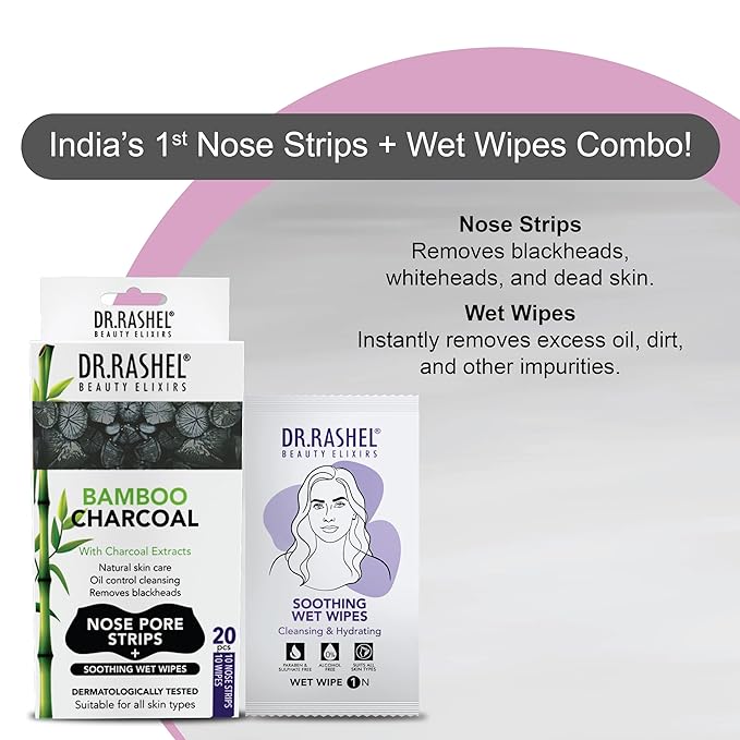 DR.RASHEL Charcoal Nose Pore Strips For Pore Cleansing, Instant And Painless Blackheads Removal | Deep Purifying Blackhead Remover Strips for Nose | 20 PCS (10 Strips & 10 Wipes)