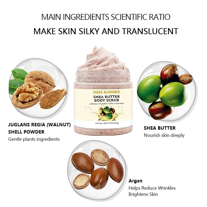 Shea Butter Body Scrub | 250g Natural, Skin Smoothing Body Scrub Exfoliator & Scrub | Soothing & Exfoliating for all Skin types, Hydrating Shea Butter and Oragon Oil Scrub