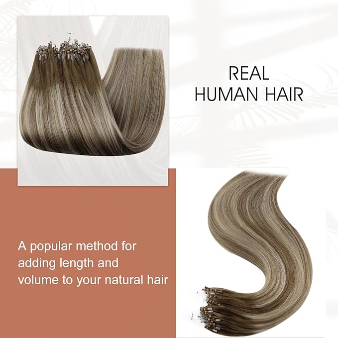Full Shine Remy Micro Hair Extensions Human Hair Color 6/60/6 Brown And Blonde Microbeads Human Hair Extensions 14Inch Prebonded Hair Extensions Real Remy Human Hair 50Gram Natural Hair Extensions